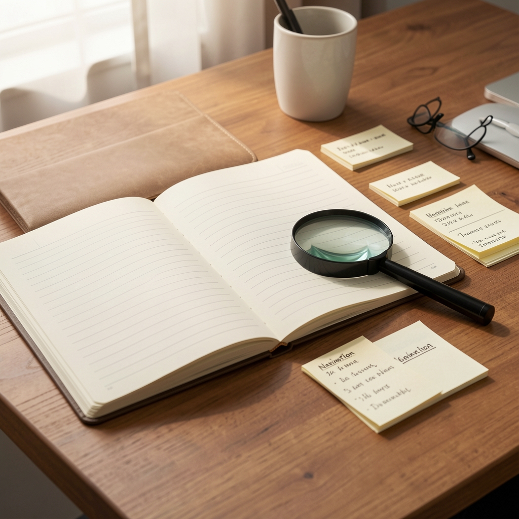 Quiet Pretoria desk with an open notebook, magnifying glass and neatly arranged navigation notes