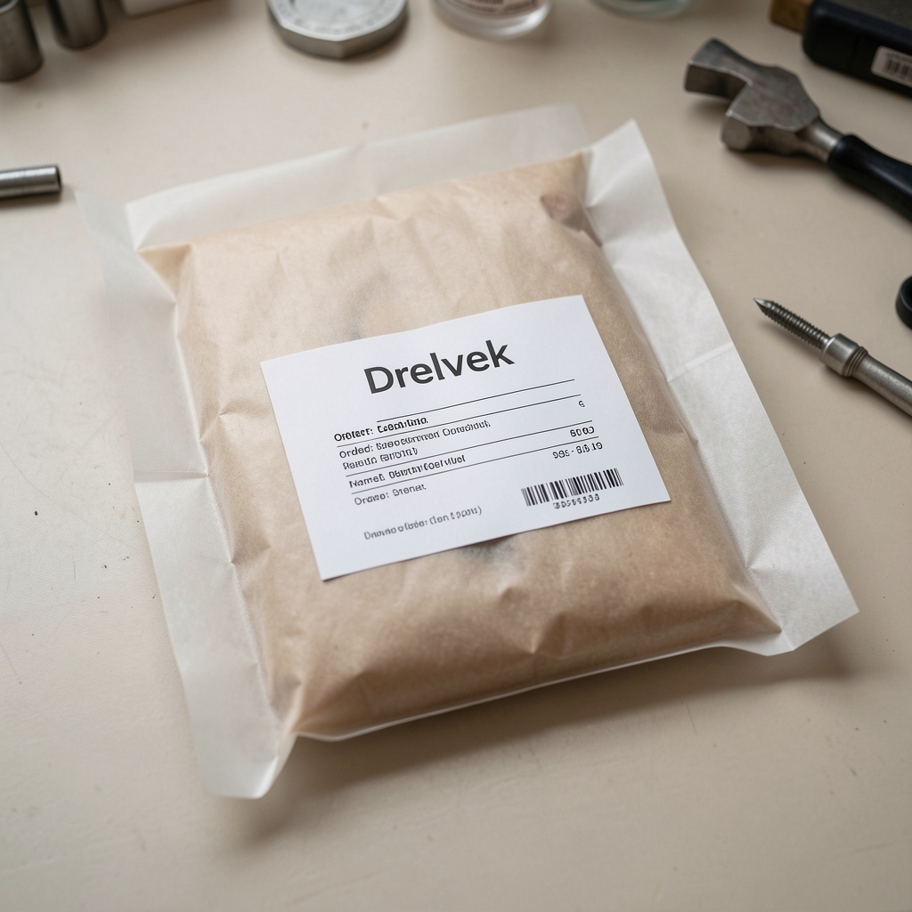Drelvek parcel with neat label, protective packing paper and printed order information on a clean workbench