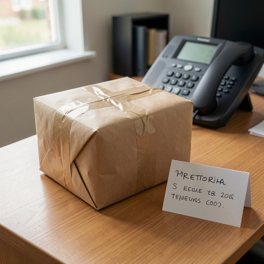 Sealed Drelvek parcel on a Pretoria delivery desk beside a phone and handwritten address card