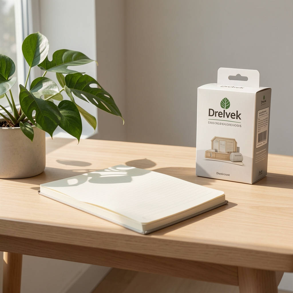 Minimal desk scene with a notebook, sunlight, botanical leaves and a Drelvek product pack