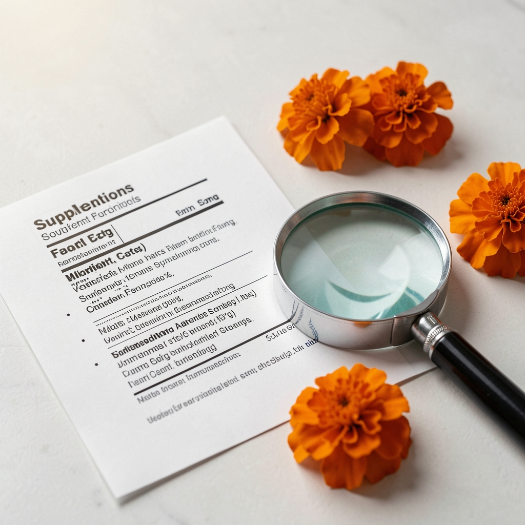 Close-up of a supplement label being reviewed beside a magnifying glass and marigold petals