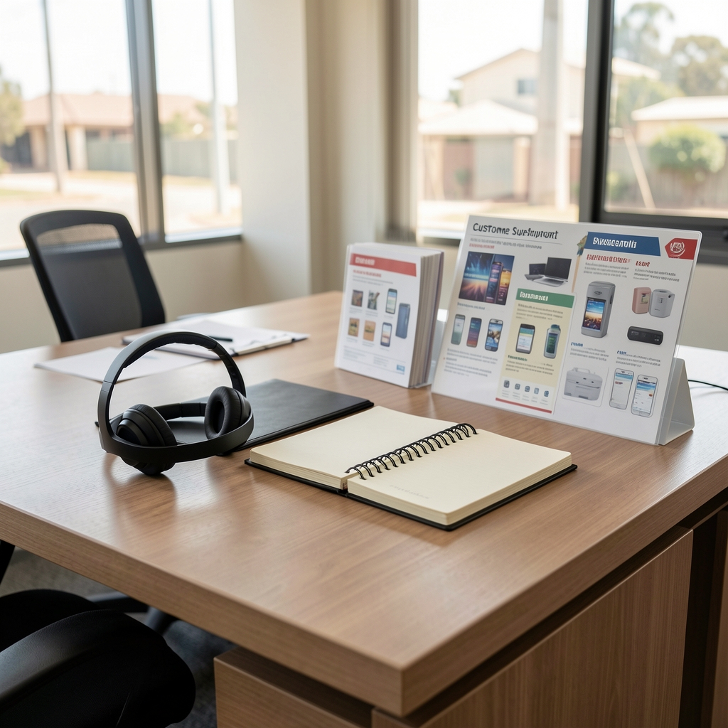 Welcoming Drelvek customer support desk in Pretoria with headset, notebook and neatly arranged product information