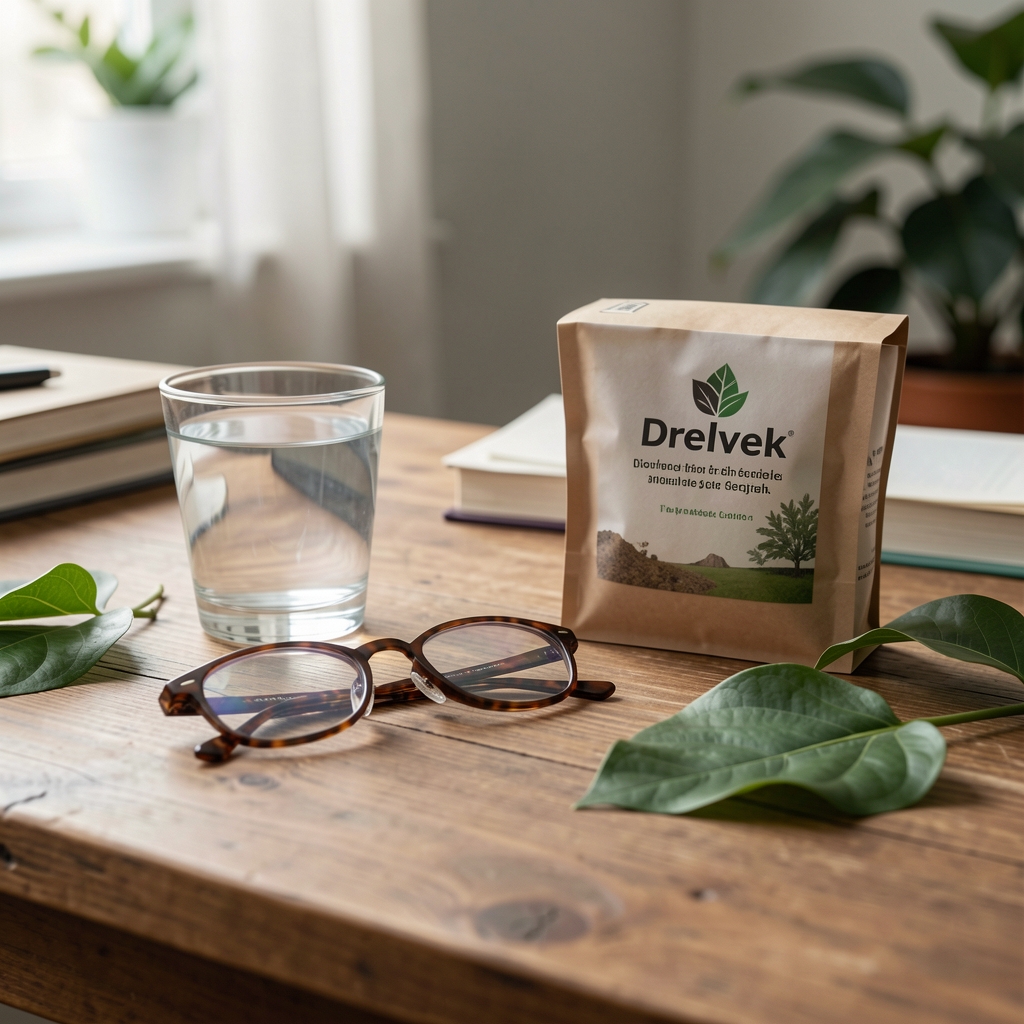 Sunlit Pretoria workspace with reading glasses, a water glass, botanical leaves and a Drelvek pack on a wooden desk