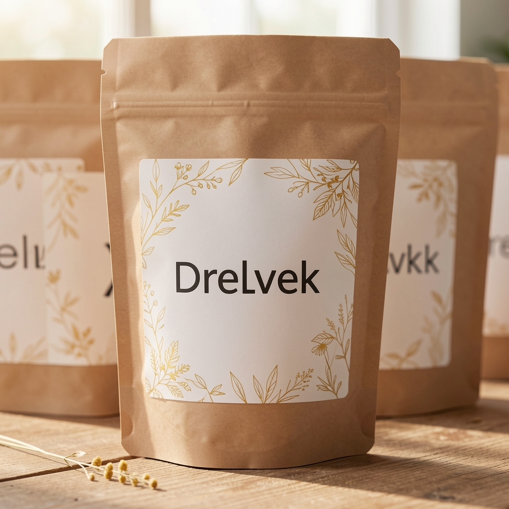 Close view of the Drelvek pack with a clean label, golden botanical accents and soft window light