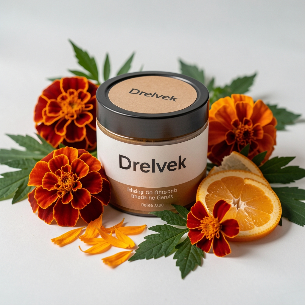 Marigold petals, citrus peel and green leaves arranged around a Drelvek product container