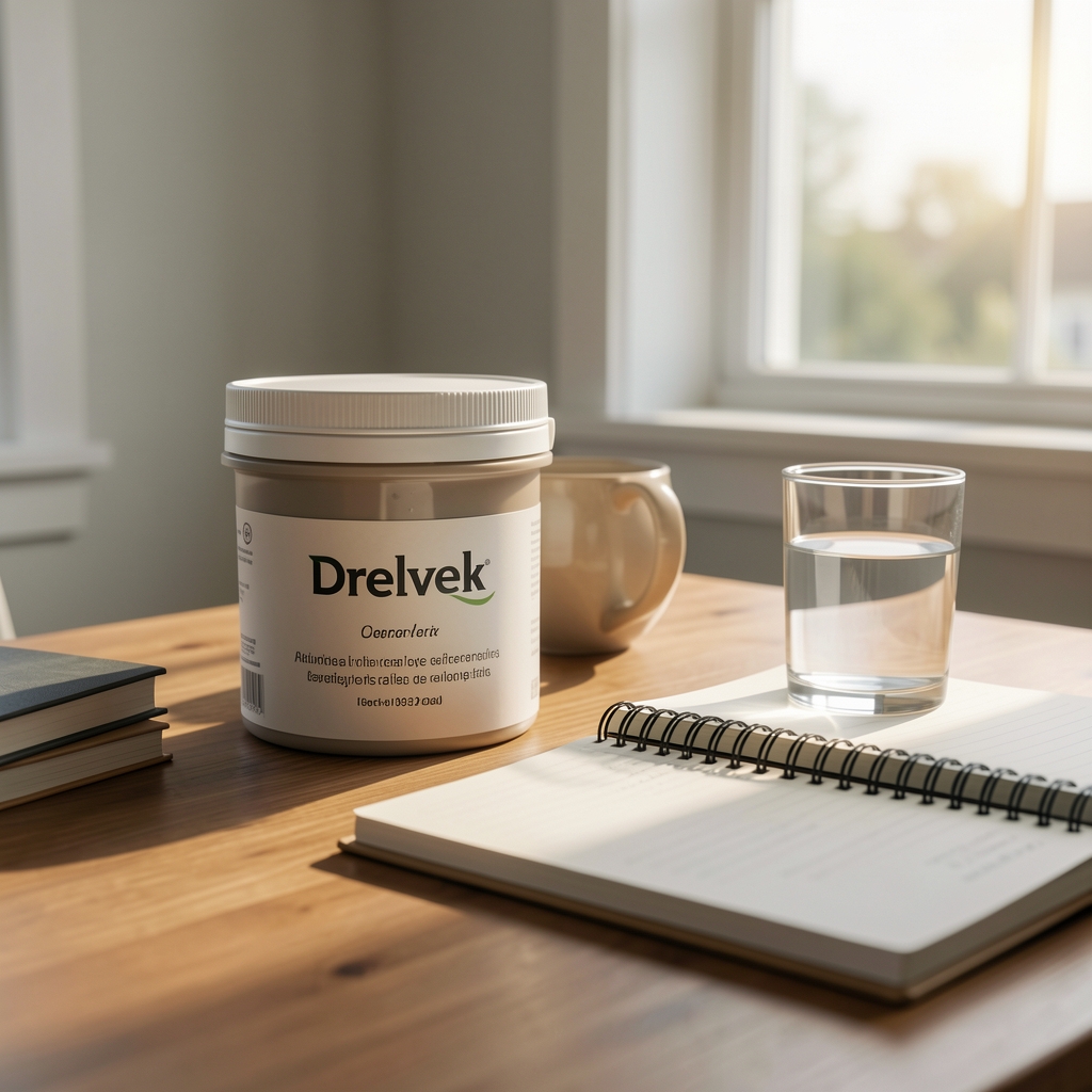 Bright Pretoria morning desk with a Drelvek container, water glass, notebook and natural light