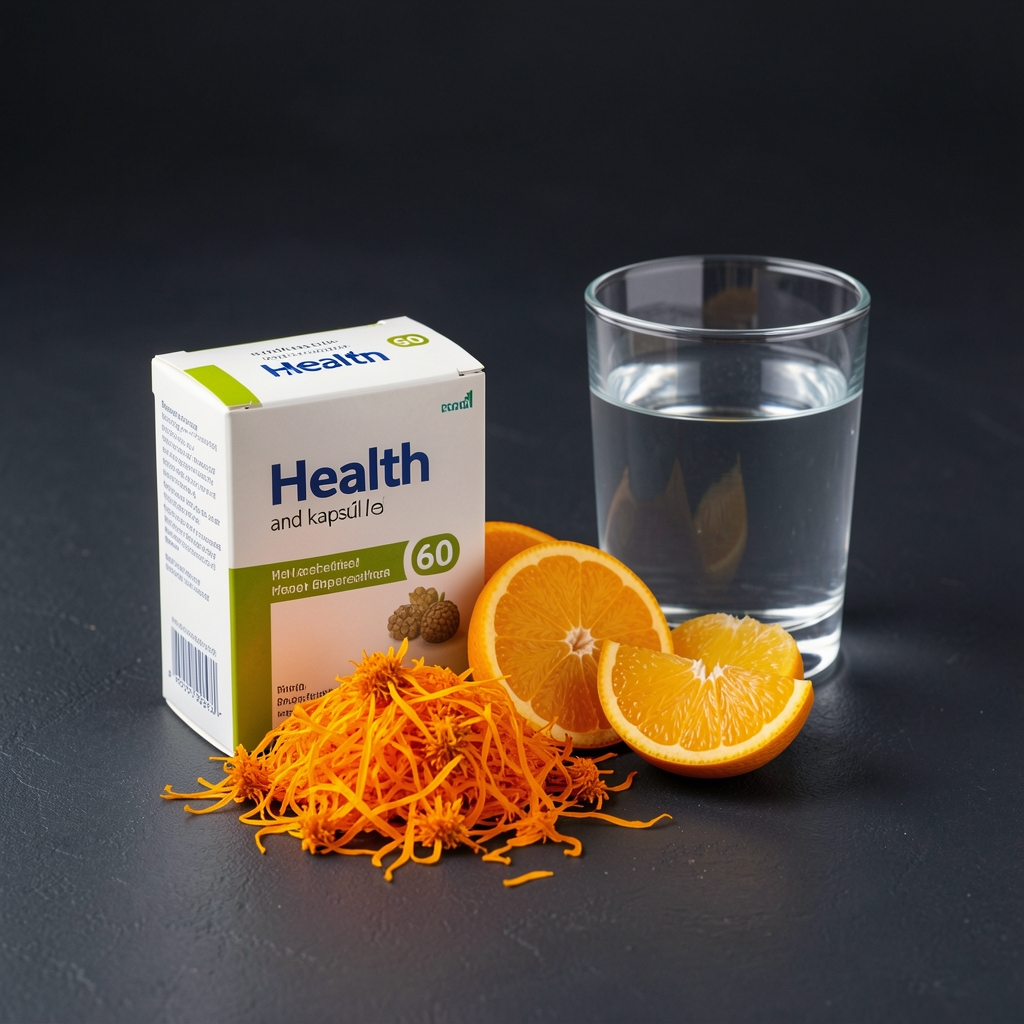 Drelvek Lutein and Zeaxanthin Eye Health 60 kapsúl pack beside marigold petals, citrus slices and a glass of water on a charcoal studio table