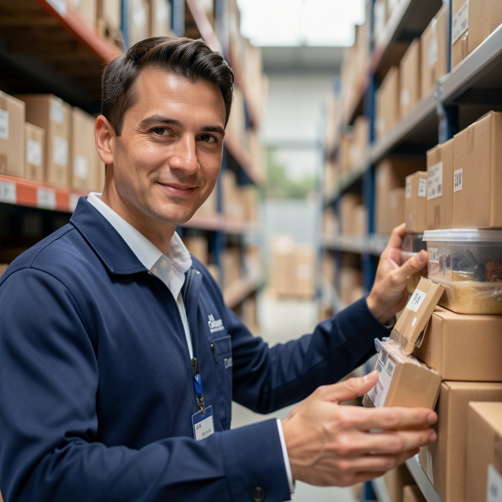 Drelvek operations colleague checking neatly arranged parcels on a fulfilment shelf
